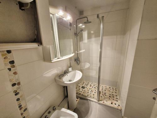 une salle de bain avec un lavabo, une douche et des toilettes dans l'établissement Pleine vue mer, à 10 m plage de sable, au Brusc, Terrasse..., à Six-Fours-les-Plages