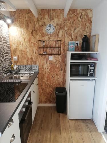 La cuisine est équipée d'un réfrigérateur blanc et d'un four micro-ondes. dans l'établissement Charmant Studio avec Jardin au Cœur de la Nature, à Salles