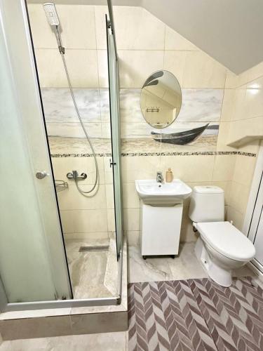 a bathroom with a shower and a toilet and a sink at Lavender Night Apartments in Chernivtsi