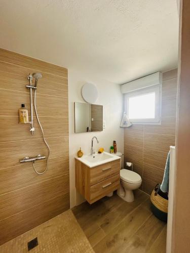 une salle de bain avec toilettes, lavabo et douche dans l'établissement Bas de Chalet Santa Giulia, à Gruissan