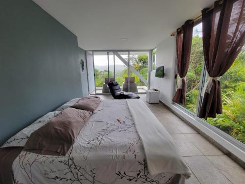 a bedroom with a large bed and a large window at Naturaleza, Flora y Fauna in Los Altos de Cerro Azul
