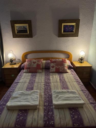 a bedroom with a bed with two nightstands and two lamps at Pension Vista Alegre in Bilbao