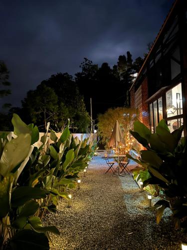 a row of plants with lights on the side of a building at The Hectar Private villa in Janda Baik in Bentong