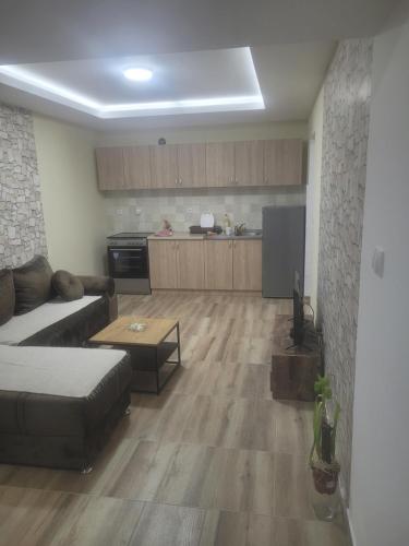 a living room with a couch and a kitchen at Golden Apartment in Valjevo