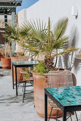 a patio with two tables and a potted plant at Riad Villa Wengé & Spa in Marrakech