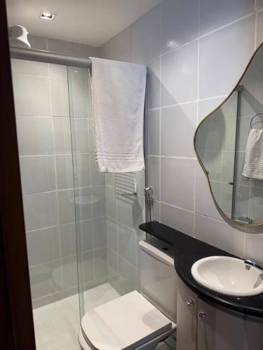 een badkamer met douche, toilet en wastafel bij Loft moderno e aconchegante próximo ao Aeroporto, Rodoviária Interestatual, P Federal, Casv da Empaixada - Brasília in Brasilia