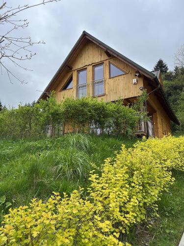 une maison sur une colline avec des fleurs devant elle dans l'établissement Borówka, à Zawóz