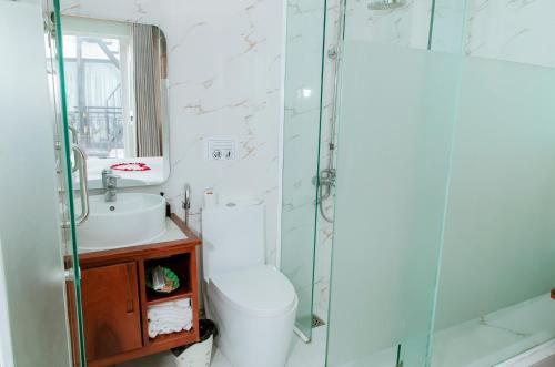 een badkamer met een toilet, een wastafel en een douche bij Art Deluxe Hotel in Nha Trang