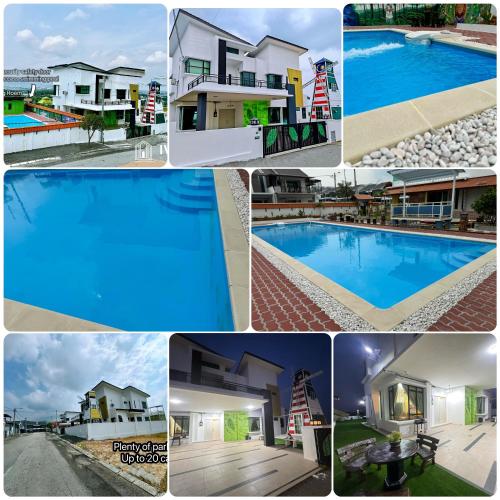a collage of pictures of houses and a swimming pool at Ipoh Lahat Mines Private Pool Lake Villa by IWH Suites in Lahat