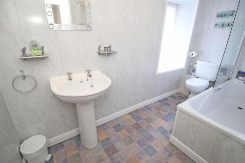 a white bathroom with a sink and a toilet at Treetops Flat in Porthmadog