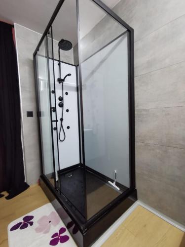 a shower with a glass enclosure in a room at Studio sur la digue in Middelkerke