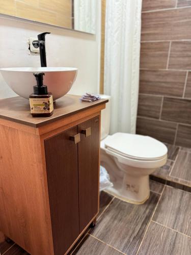 a bathroom with a sink and a toilet at Cabaña ideal 5-9 personas cocina, wifi, cerca al parque y campestre in Jardin