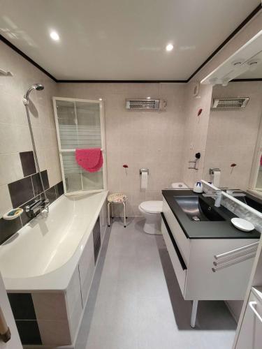 une salle de bain avec un lavabo, une baignoire et des toilettes dans l'établissement Belle villa d'angle spacieuse climatisée, dans domaine PORTES DU SOLEIL, 3 chambres, 6 couchages, wifi, 400m de la mer LRPDSA6, à Portiragnes