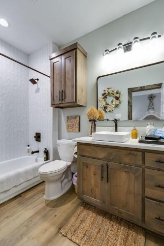 a bathroom with a toilet and a sink and a tub at Bismarck Farm 2 BR 2 and a half BA New in San Angelo