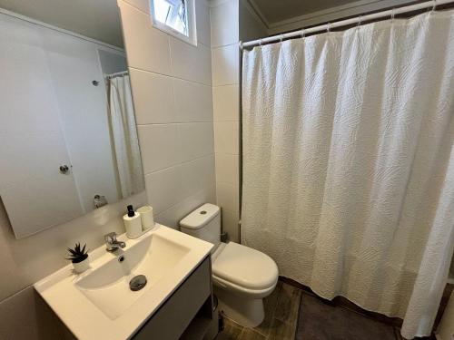 a white bathroom with a toilet and a sink at Encantador e Iluminado Departamento, Ñuñoa in Santiago