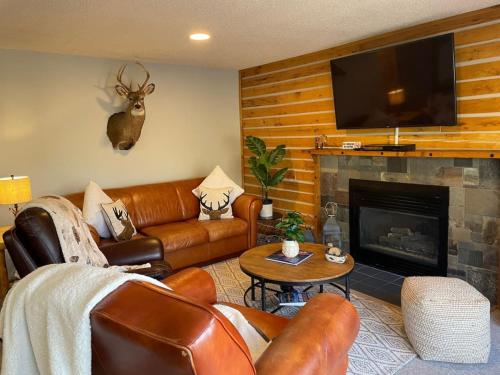 a living room with a leather couch and a fireplace at Cozy Mountain Cabin W Hot Tub Breathtaking Views in Alma