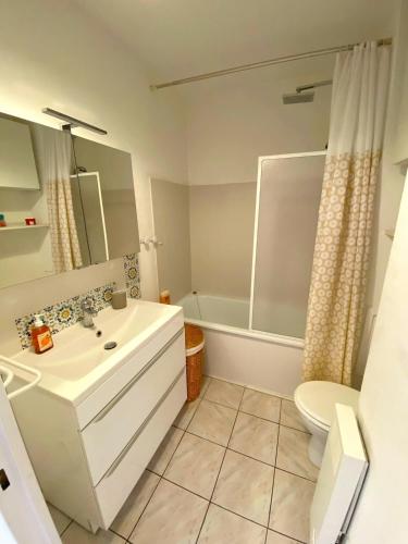 une salle de bain avec un lavabo blanc et des toilettes dans l'établissement Studio - Gare - Centre ville, à Sanary-sur-Mer