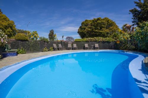 a blue swimming pool with chairs in a yard at Middle Park Motel in Blenheim