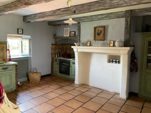 une cuisine avec des placards verts et une cheminée blanche dans l'établissement Maison pleine de charme située sur une zone touristique, à Saint-Christophe-Vallon