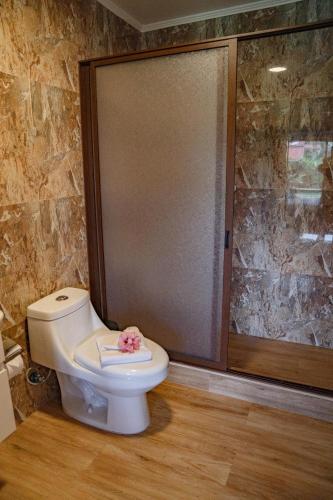a bathroom with a toilet with a sliding glass door at Cabañas Anavai Rapa Nui in Hanga Roa