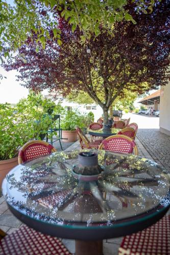 a glass table with chairs and a tree on a patio at Logis Hôtel & Restaurant Au Lion d'Or in Burnhaupt-le-Haut
