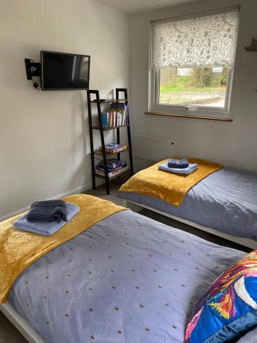 two beds in a room with a tv on the wall at Cosy north Devon lodge within Hartland forest in Exeter