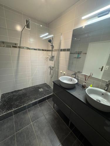 une salle de bain avec deux lavabos et un grand miroir dans l'établissement Agréable T3 avec Balcon et Parking Inclus, à Caluire-et-Cuire