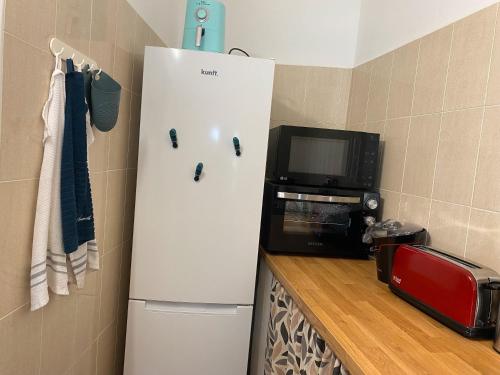 a white refrigerator in a kitchen next to a microwave at Casinha Amarela in Cabeção