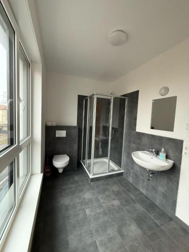 Bilik mandi di Wunderschöne Maisonette Ferienwohnung in Leipzig Taucha 2 u 3 OG Links