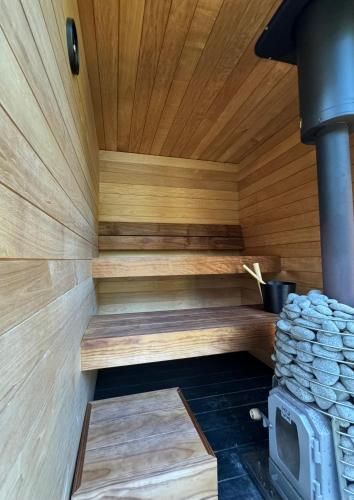 a sauna with wooden walls and a stove at PAUS puhkemaja in Põõsaspea
