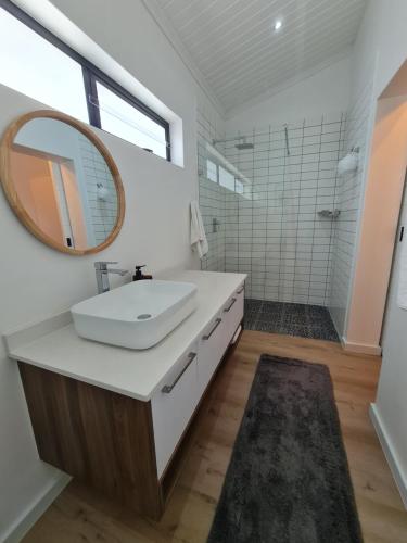 un bagno con lavandino e specchio di Zonnekus Guesthouse a Città del Capo