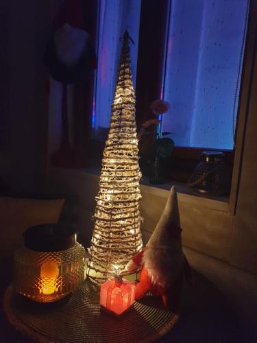 a christmas tree with a gift and a christmas tree at Coquette Maison, Côté Château à Mutzig en Alsace in Mutzig