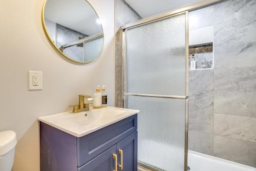 a bathroom with a sink and a shower at Less Than 7 Mi to Slopes Inviting Pocono Mtn Retreat! in Albrightsville