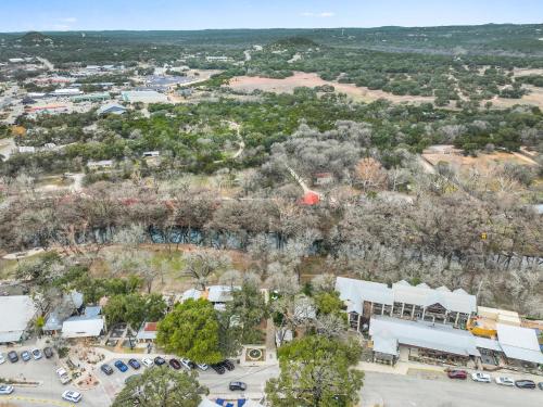 an overhead view of a city with a parking lot at Owl Lodge in Wimberley