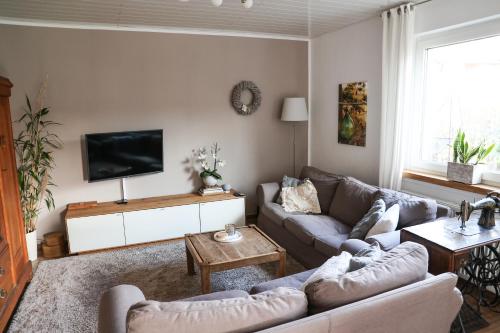 ein Wohnzimmer mit Couch und Flachbildfernseher in der Unterkunft Haus am See - Urlaub im Herzen des Münsterlands in Steinfurt