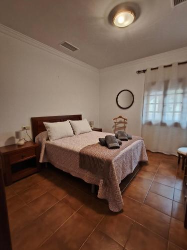 a bedroom with a bed with a table and a window at Apartamentos Cortijo los Jacintos in Ronda