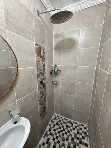 a bathroom with a shower with a sink and a mirror at Cozy Petite Maison in Roodepoort