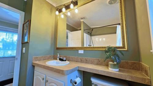 a bathroom with a sink and a mirror at Serenity Cabin in Dover