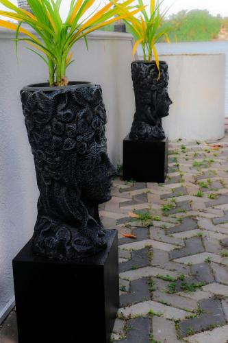 two black vases with plants in them on a patio at Villa Hamburg in Aluthgama