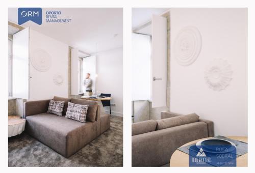 two images of a living room with a couch and a table at ORM - Almada Apartments in Porto
