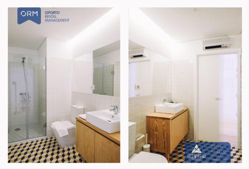 two pictures of a bathroom with a sink and a toilet at ORM - Almada Apartments in Porto