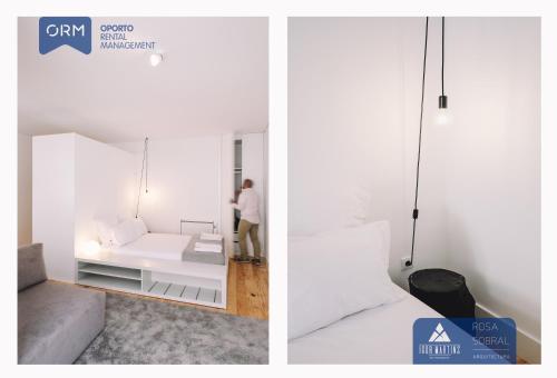 two images of a room with a bed and a mirror at ORM - Almada Apartments in Porto