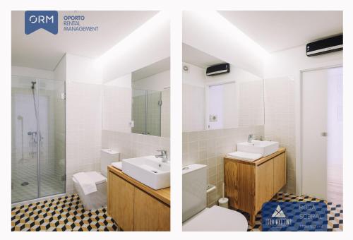 two pictures of a bathroom with a sink and a toilet at ORM - Almada Apartments in Porto