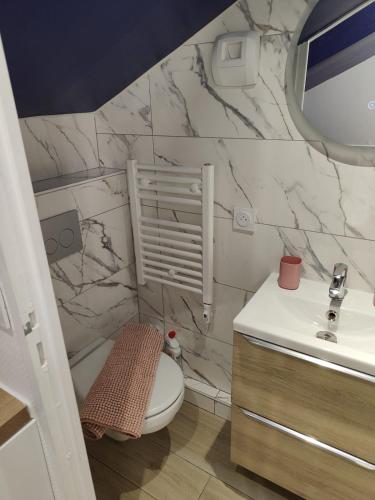 une salle de bain avec toilettes et lavabo dans l'établissement Parisian style 10 min from Paris, à Aubervilliers