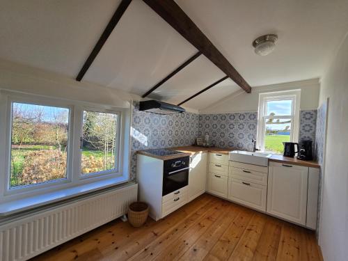 a kitchen with white cabinets and two windows at Sfeervol landelijk boerderijappartement Het Voorhuis in Horssen