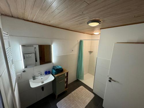 a bathroom with a sink and a mirror and a shower at Haus Wagenknecht in Borkum