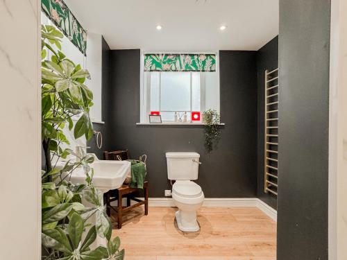a bathroom with a toilet and a sink and a window at Converted Welsh Sunday School with Sea View & Garden on Anglesey - Dog Friendly in Amlwch