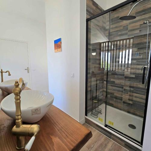 a bathroom with a glass shower and a sink at La Maison Bleue in Toulon