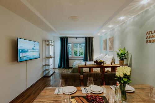 TV a/nebo společenská místnost v ubytování Atlas Apartment Essen, 3 Zimmer, Uniklinik, Messe, Parkplatz, Balkon