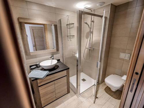 une salle de bain avec une douche, un lavabo et des toilettes dans l'établissement Appt cosy 75m², piscine, spa, 2 chambres, skis aux pieds, vue panoramique Les Arcs 1600 - FR-1-461A-27, à Arc 1600